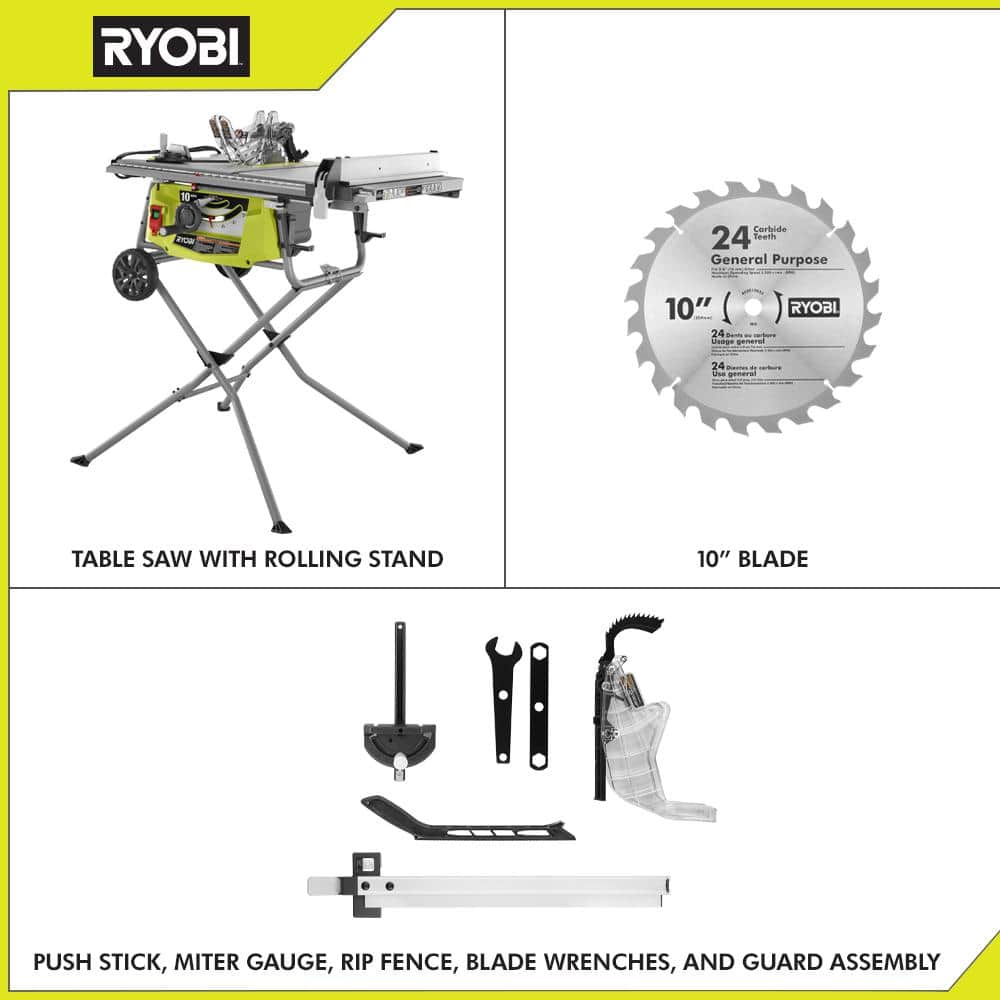 15 Amp 10 in. Expanded Capacity Portable Corded Table Saw With Rolling Stand RTS23