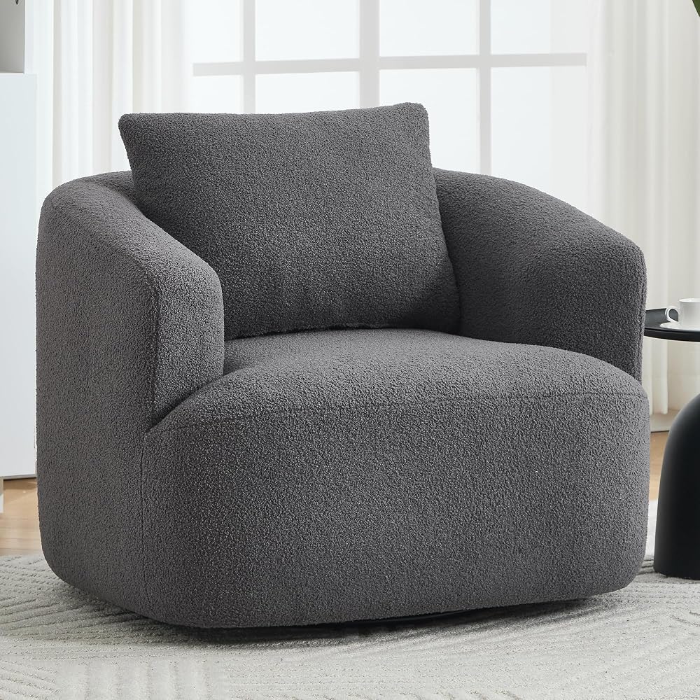 360° Swivel Round Accent Chair with Soft Pillow, Comfy Teddy Fleece Upholstered Barrel Chair, No Assembly Single Sofa for Living Room, Bedroom, Apartment (Antique Dark Grey)