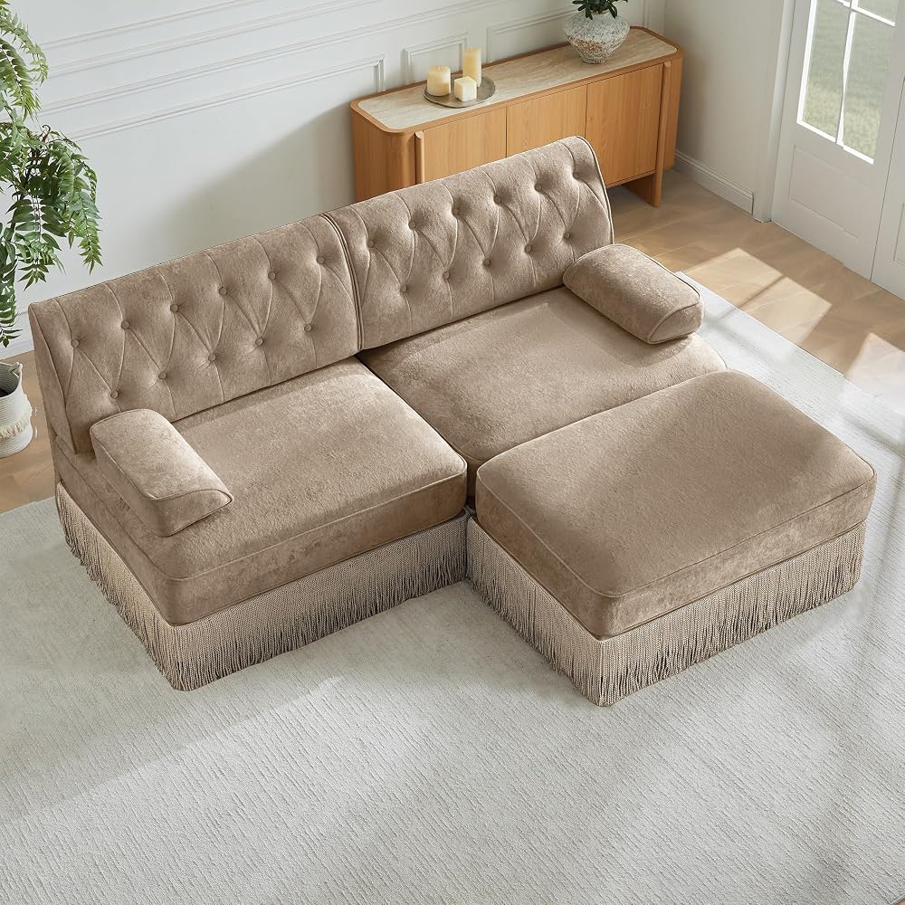 Aoowow Luxury 76.6" L-Shaped Sofas with Tassel,Modular Sectional Velvet Camel 2 Seater Sofa Couch with Ottoman,Vintage Chesterfield L Shape Small Love Seat for Small Spaces Living Room