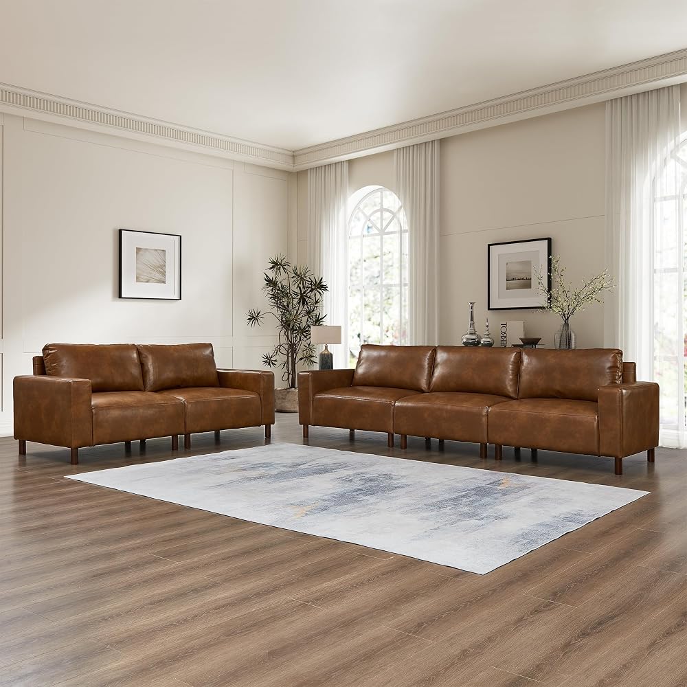Faux Leather Sectional Couch Set with Solid Wood Legs, Mid-Century Modern Modular 3-seat Sofa & Loveseat, Comfort Upholstered PU Couch Set for Living Room Office, Easy to Assemble, Brown