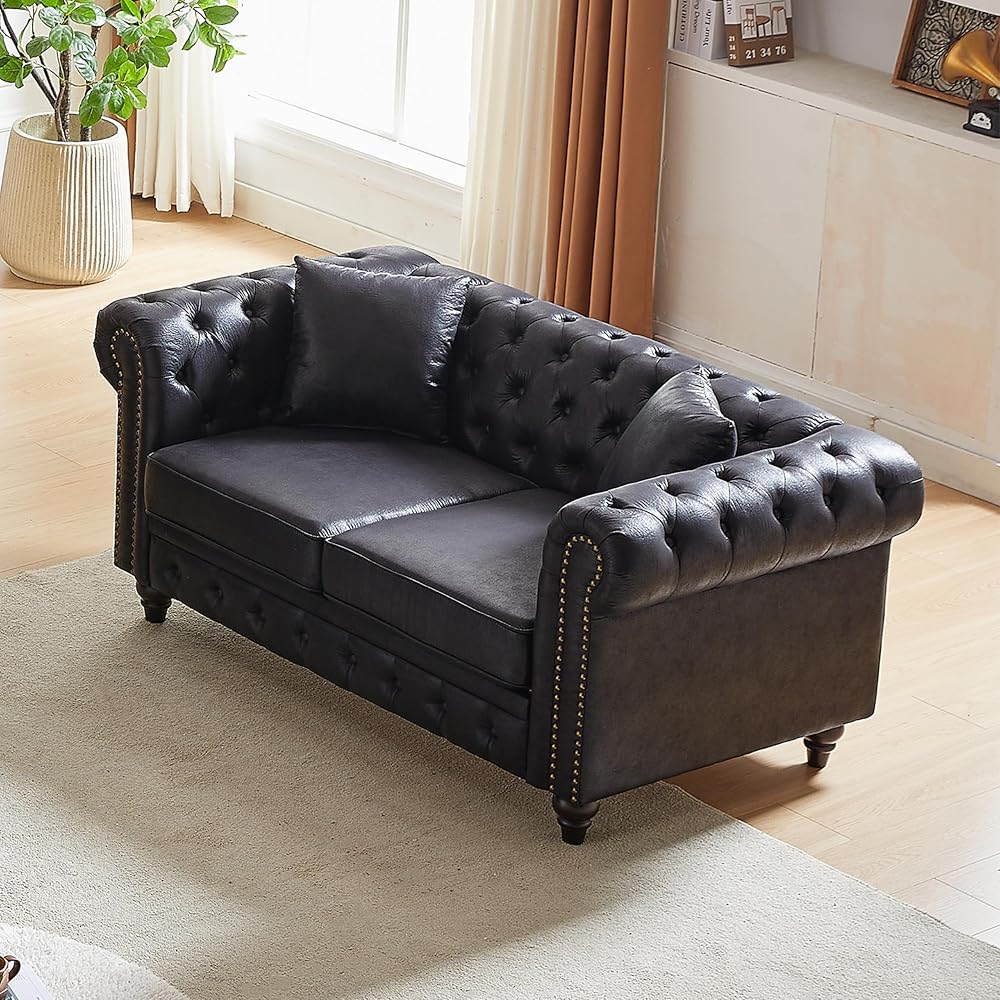 64" Chesterfield Sectional Sofa, Contemporary Design, Tech Fabric, Button Tufted & Nailhead Trim Arms, Upholstered with 2 Pillows for Living Room, Black