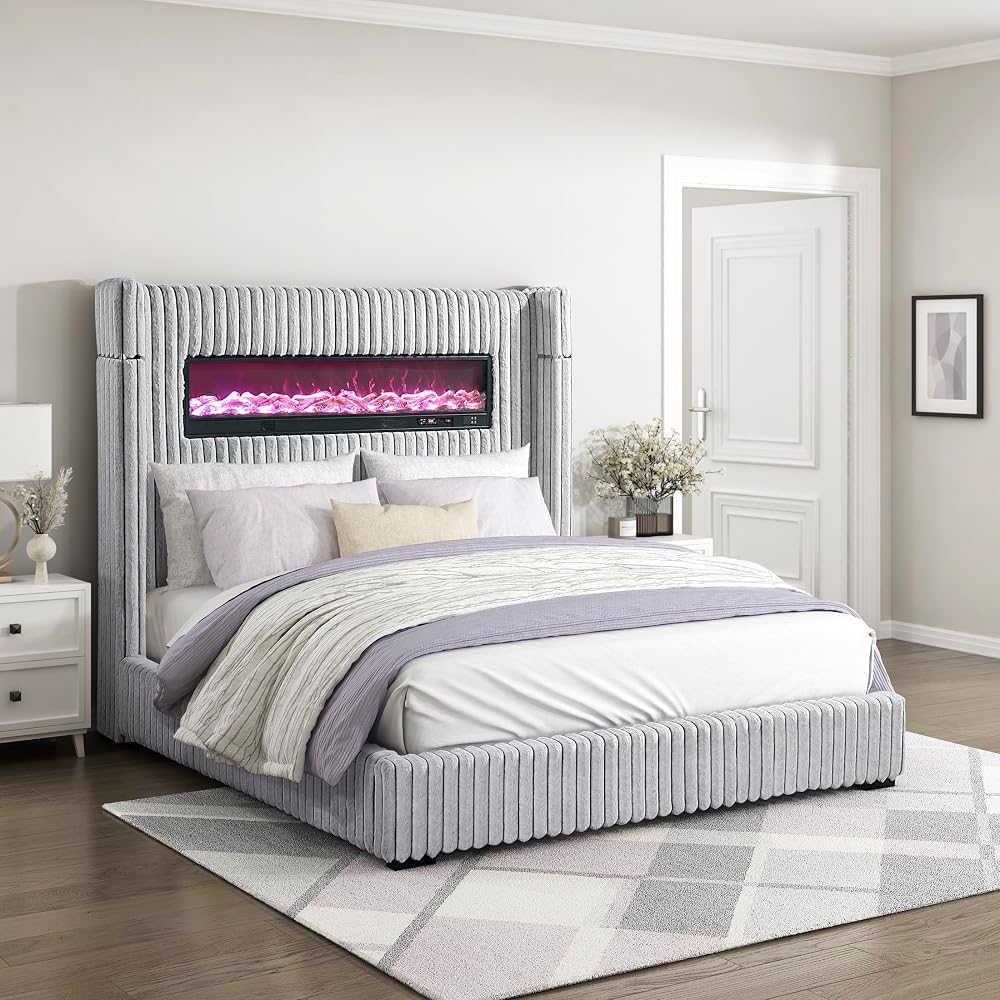 Lexicon Corduroy Upholstered Bed Frame, Remote Fireplace, Built-in Speaker, Wingback Queen Bed Frame with Headboard, Wooden Slats, Box Spring Needed, Assembly Required, Two-Tone Gray