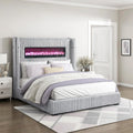 Lexicon Corduroy Upholstered Bed Frame, Remote Fireplace, Built-in Speaker, Wingback Queen Bed Frame with Headboard, Wooden Slats, Box Spring Needed, Assembly Required, Two-Tone Gray