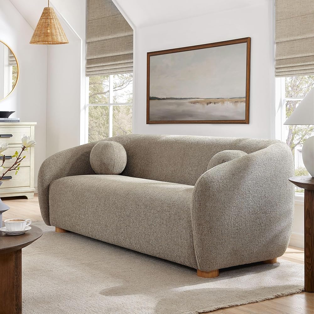 Modway Holland 85 Inch Minimalist Curved Back Sofa in Taupe – Chenille Fabric Sofa with Ball Throw Pillows and Wood Feet – Modern 3-Seater Couch for Living Room