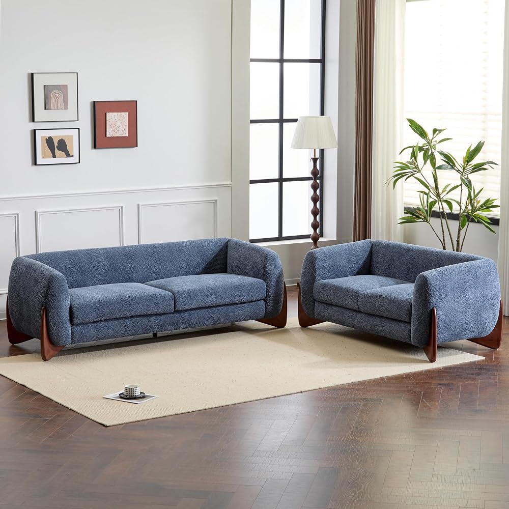 Christopher Knight Home Almad 2 Pieces Sofa Couch Set, Cozy 3-Seater Sofa and Loveseat for Living Room, Upholstered Couch Chair, Soft Seating Lounge Sofa with Wood Frame, Boucle Fabric, Navy Blue