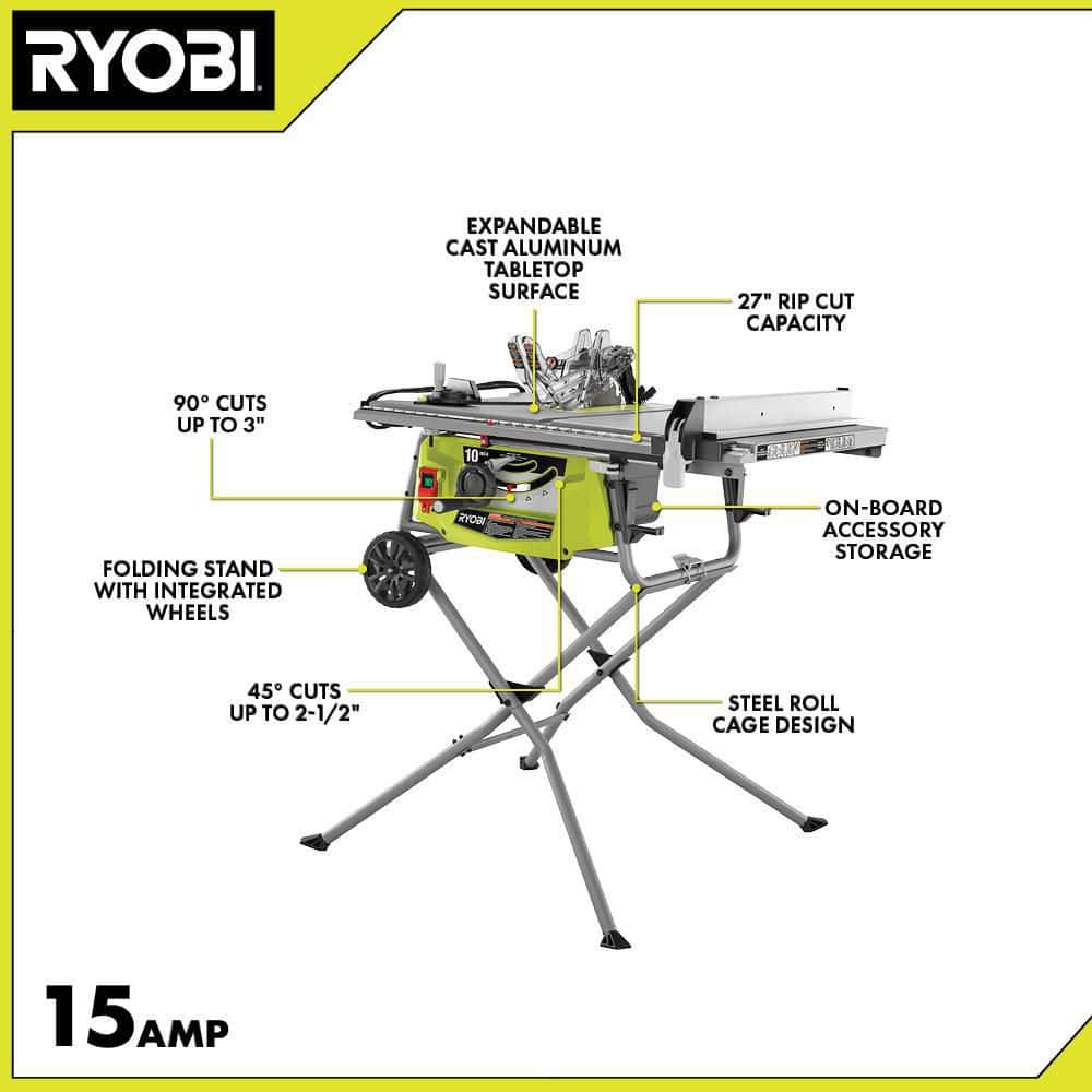 15 Amp 10 in. Expanded Capacity Portable Corded Table Saw With Rolling Stand RTS23